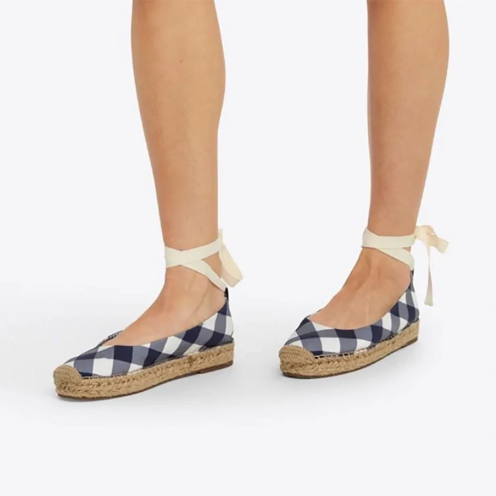 Draper James Navy and White Espadrille Flats with Ankle Tie